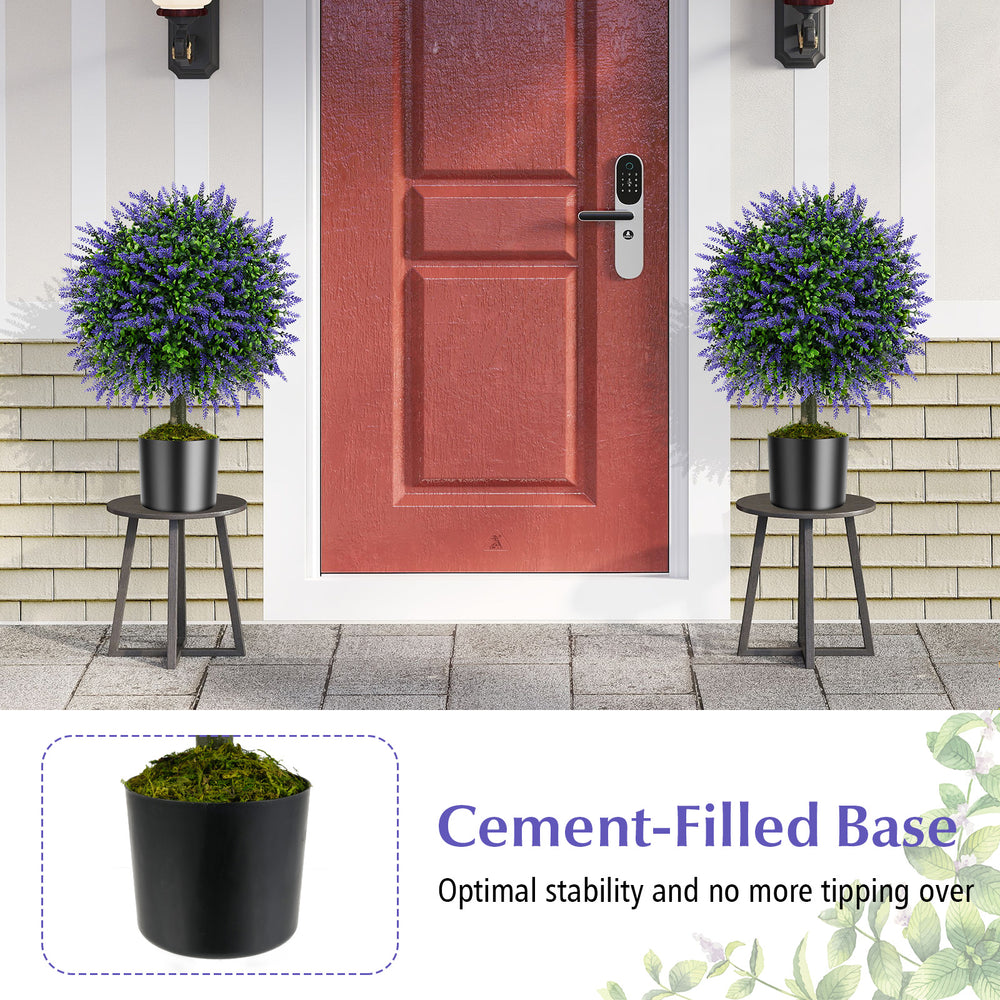 Set of 2 artificial lavender topiary ball trees in cement-filled pots, ideal for stable indoor and outdoor decoration.