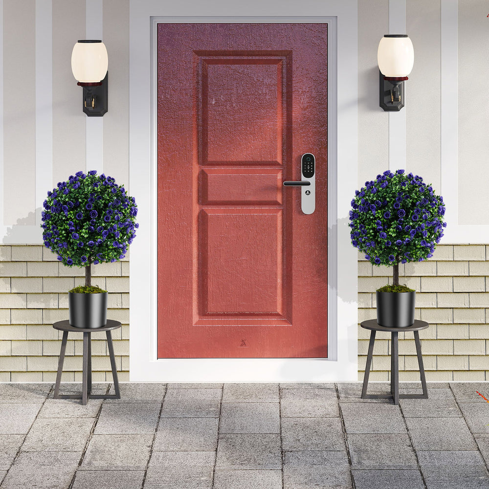 Set of 2 artificial purple rose topiary ball trees with cement-filled pots, perfect for indoor and outdoor decor.