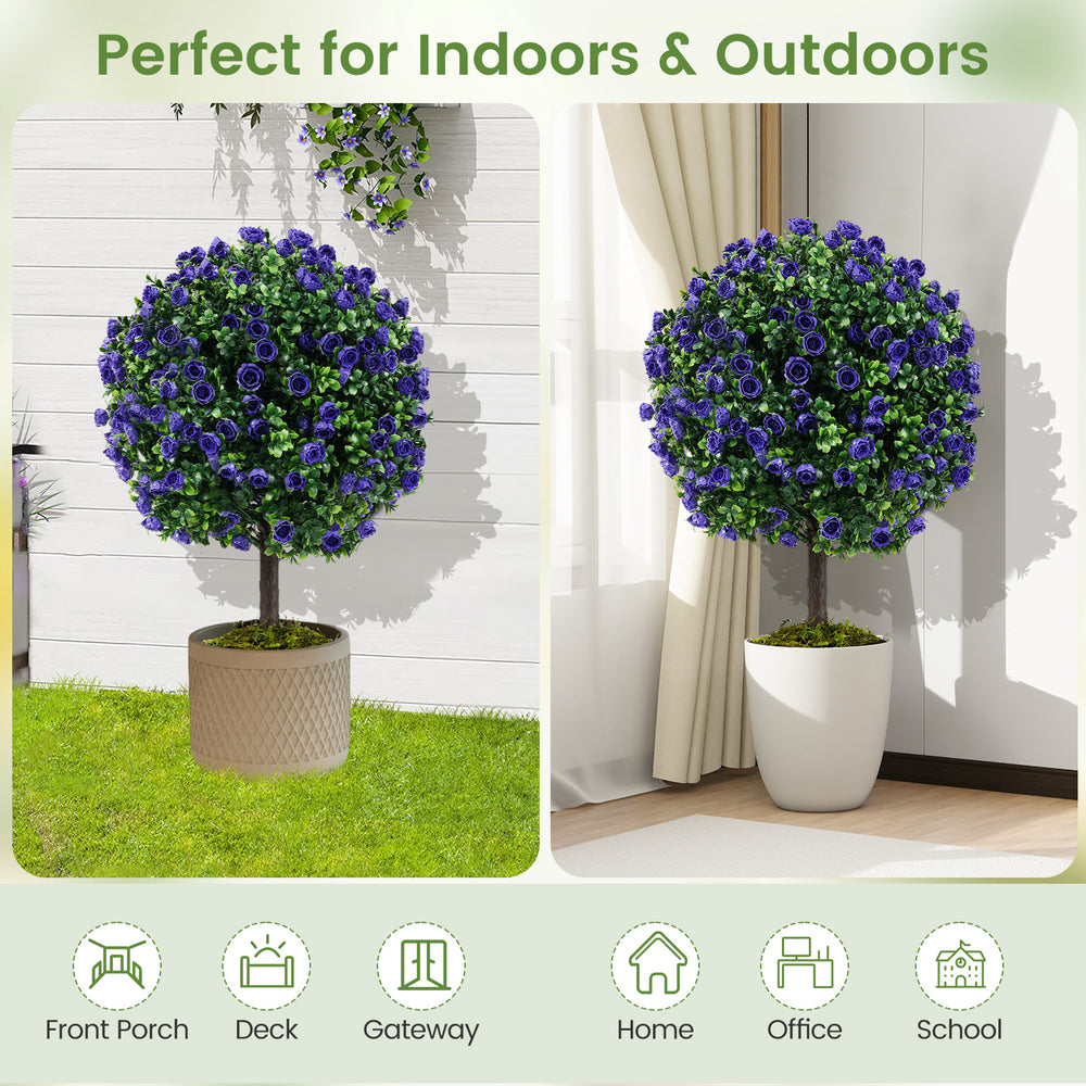 Set of 2 artificial purple rose topiary ball trees in cement-filled pots, perfect for indoor and outdoor decor.