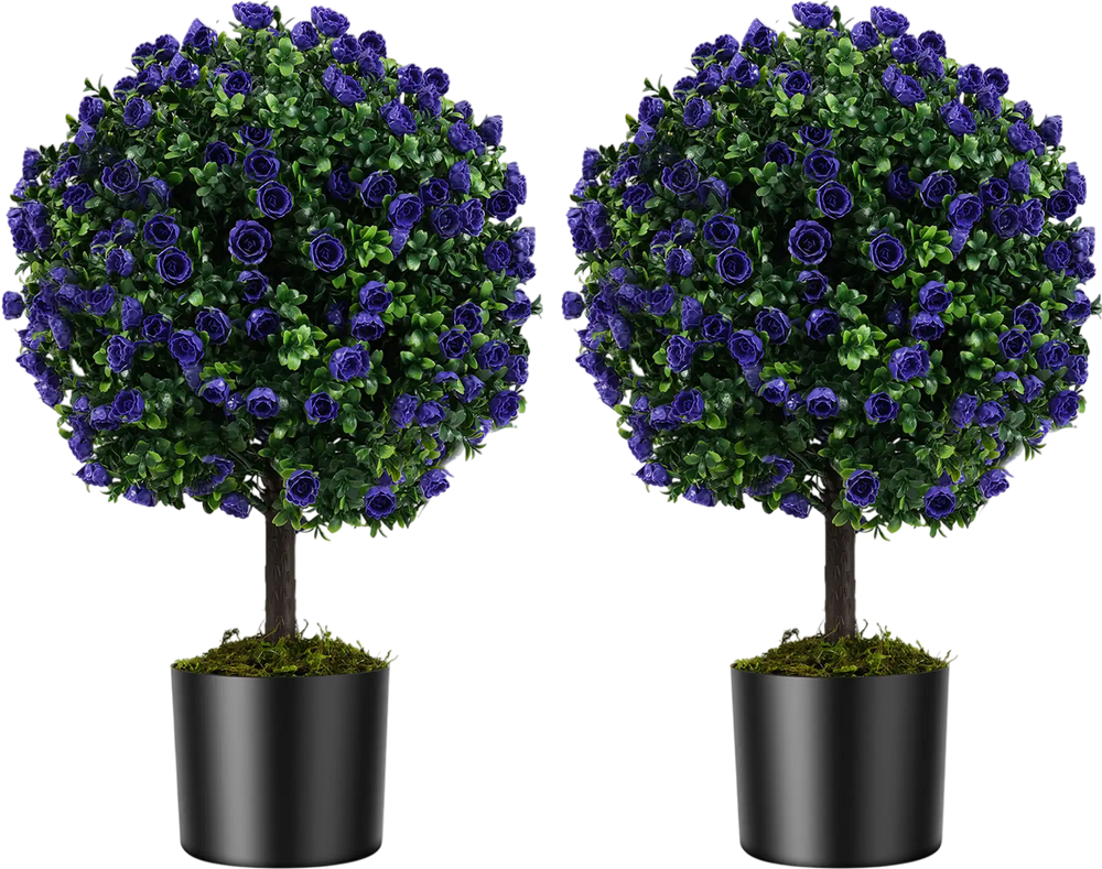Set of 2 artificial purple rose topiary ball trees with cement-filled pots, ideal for indoor and outdoor decor.