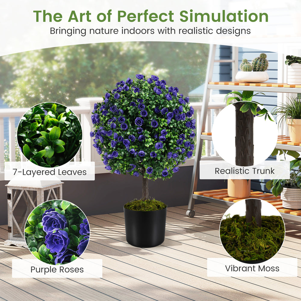 Set of 2 artificial purple rose topiary ball trees with vibrant leaves and realistic trunk for indoor and outdoor decor.