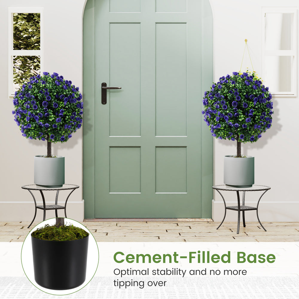 Set of 2 artificial purple rose topiary ball trees with cement-filled pots for stable indoor or outdoor decor.