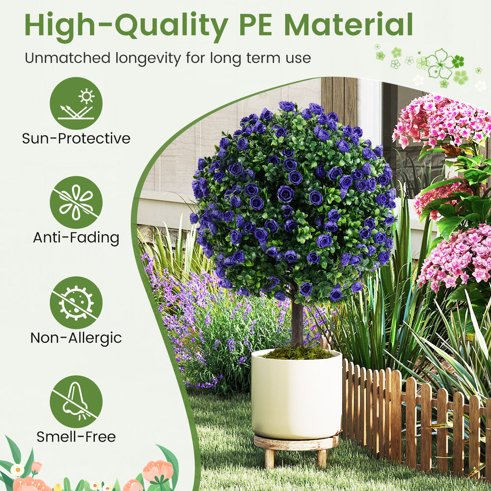 Set of 2 artificial purple rose topiary ball trees in cement-filled pots, made of high-quality PE material for.