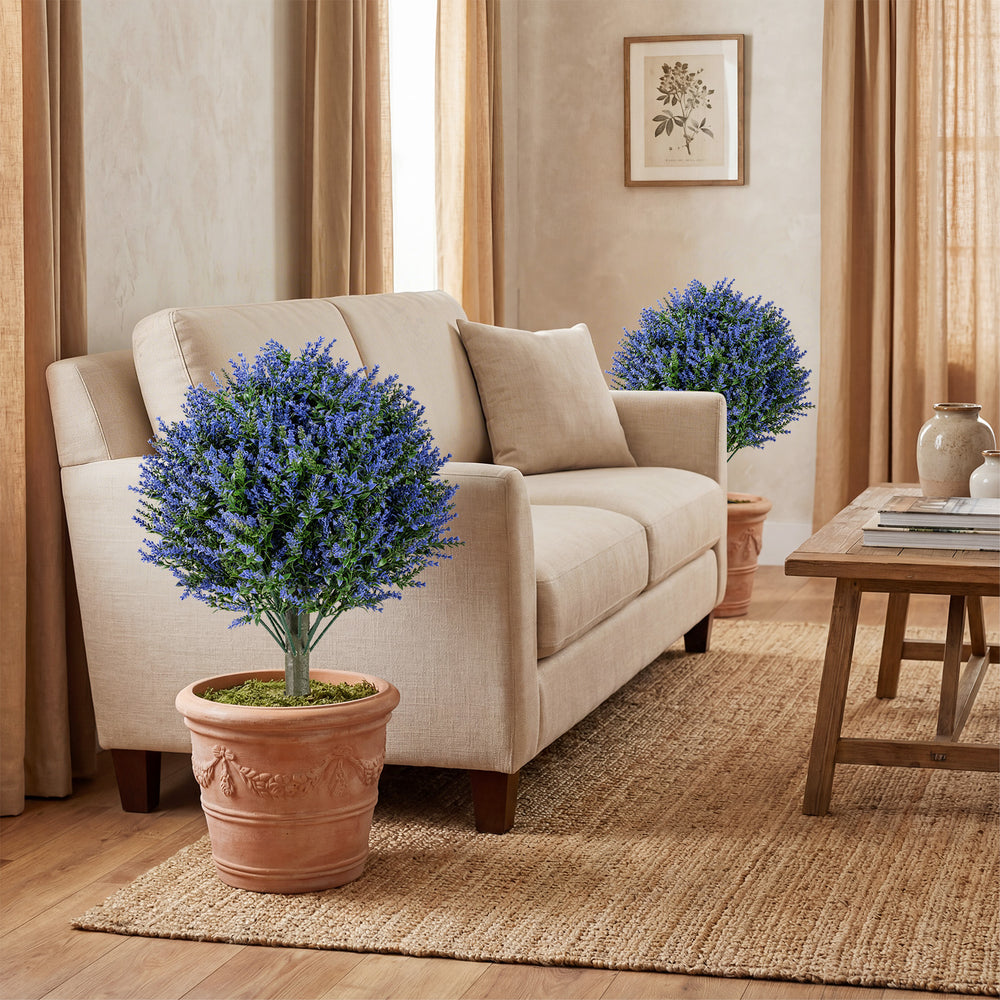 Set of 2 artificial lavender topiary ball trees in terracotta pots, perfect for indoor or outdoor decoration.