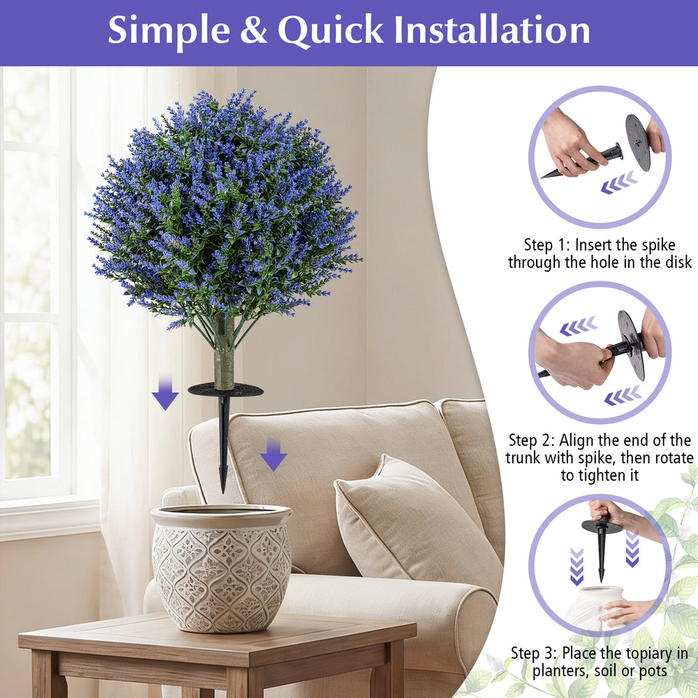 Set of 2 artificial lavender topiary ball trees with ground spikes for easy indoor and outdoor decoration.