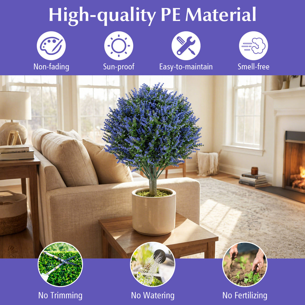 Set of 2 artificial lavender topiary ball trees in a pot, made of high-quality PE material for easy indoor and outdoor.