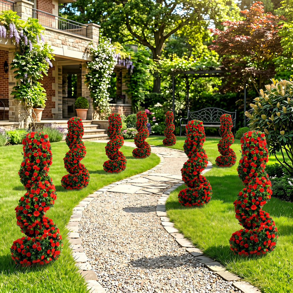 Set of 2 Artificial Spiral Topiary Trees with Sun Protection and Ground Spikes-Red - Gallery View 1 of 10