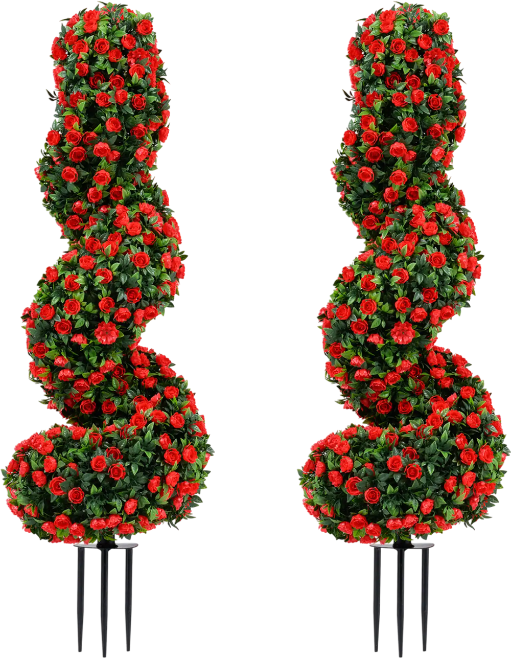 Artificial spiral topiary tree with vibrant red flowers and 600 branch tips, designed for durable outdoor beauty and.