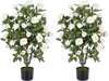 Set of 2 artificial rose trees with blooming white flowers and green leaves, perfect for indoor and outdoor decoration.