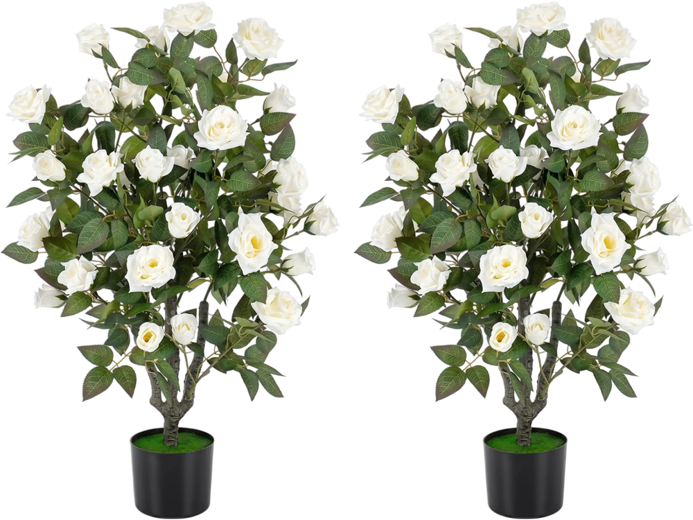 Set of 2 artificial rose trees with blooming white flowers and green leaves, perfect for indoor and outdoor decoration.