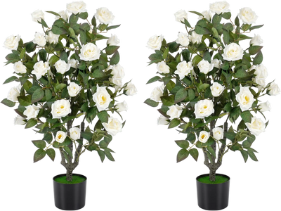 Costway Set of 2 Artificial Rose Trees Blooming Flowers Green Leaves Indoor 41357153 New