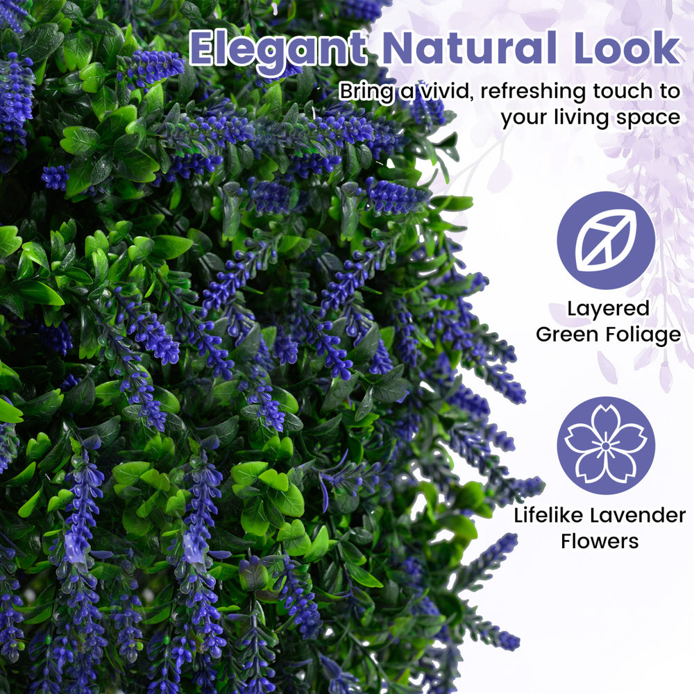 Set of 2 artificial lavender topiary ball trees with vivid blooms and layered green foliage for elegant home decor.