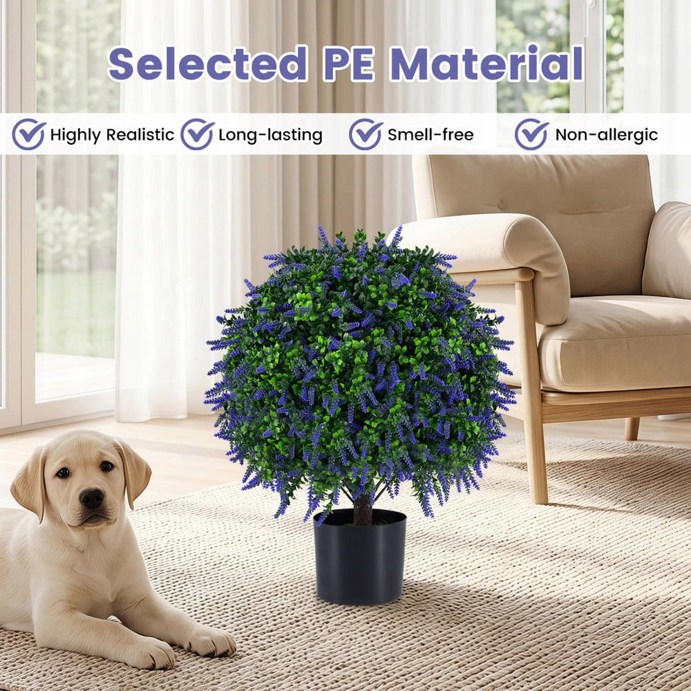Artificial lavender topiary ball tree in a pot, featuring vivid purple blooms and realistic foliage for elegant decor.