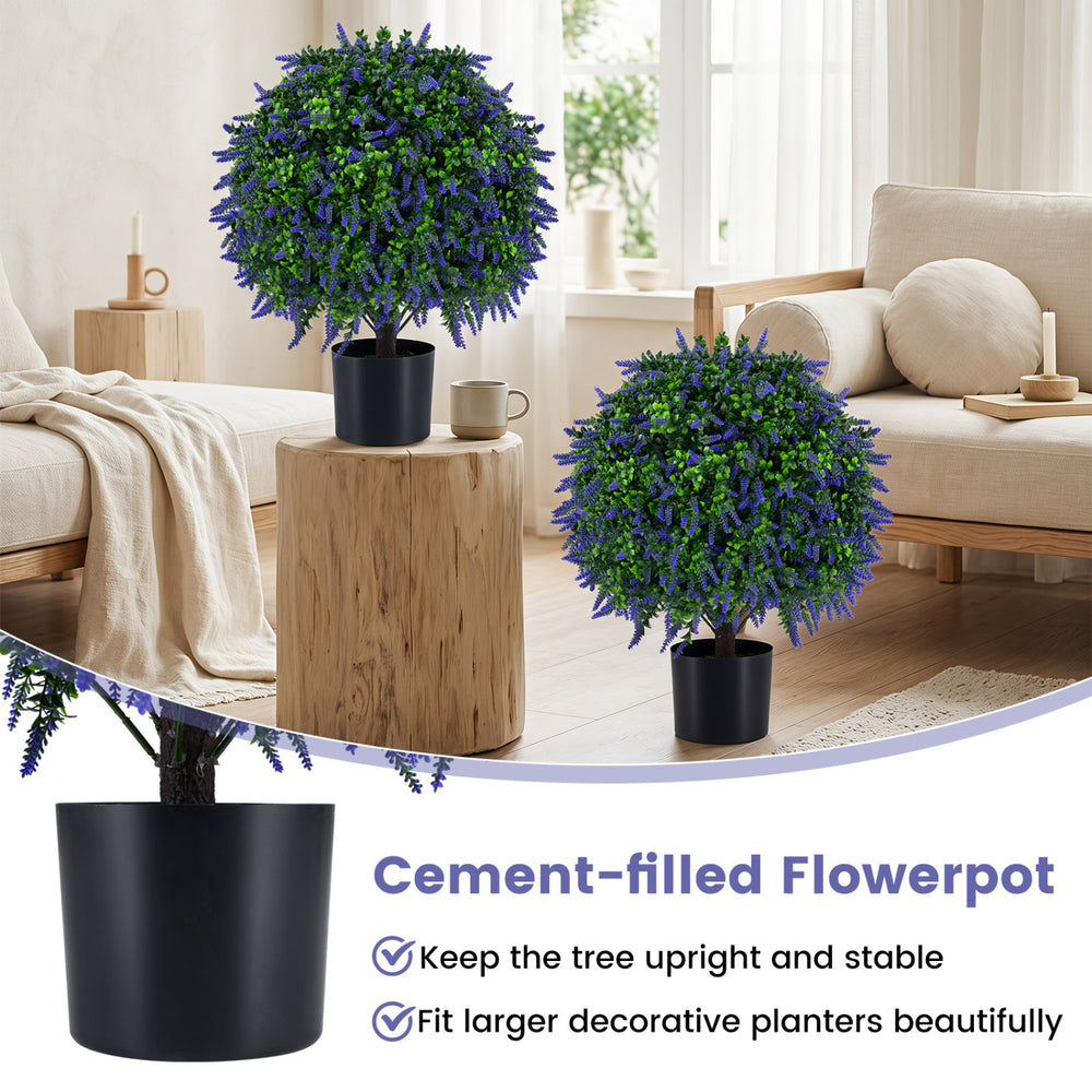 Artificial lavender topiary ball tree in a cement-filled pot, perfect for adding vibrant color to any indoor space.