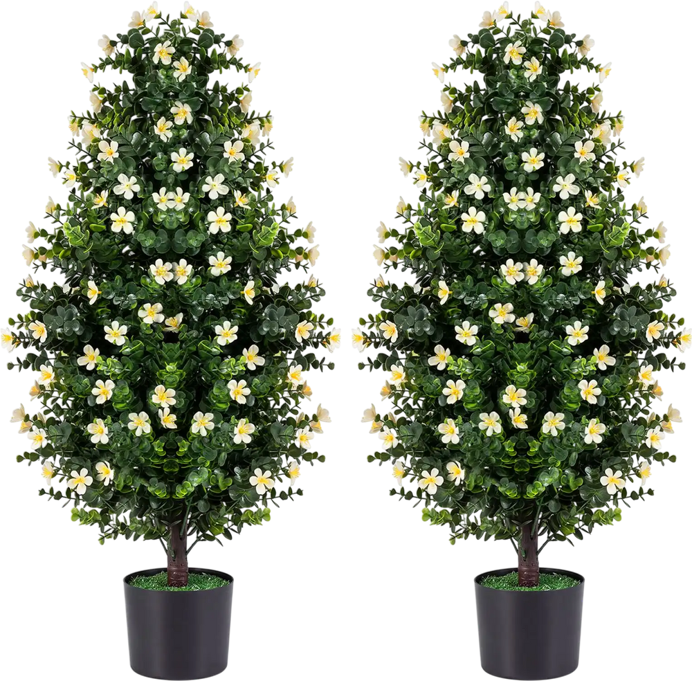 Set of 2 artificial topiary trees with white blossoms, 3 FT tall, perfect for home decor and maintenance-free greenery.