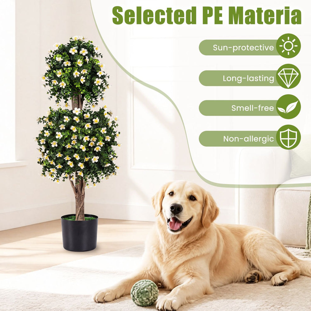 Set of 2 artificial topiary trees with white blossoms, made of durable PE material for versatile indoor or outdoor decoration.