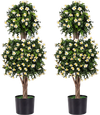 Set of 2 artificial topiary trees with white blossoms, featuring realistic foliage for versatile indoor or outdoor decor.