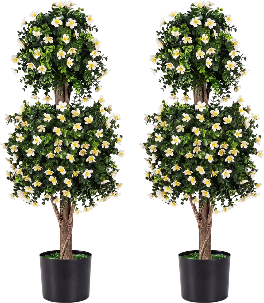 Set of 2 artificial topiary trees with white blossoms, featuring realistic foliage for versatile indoor or outdoor decor.