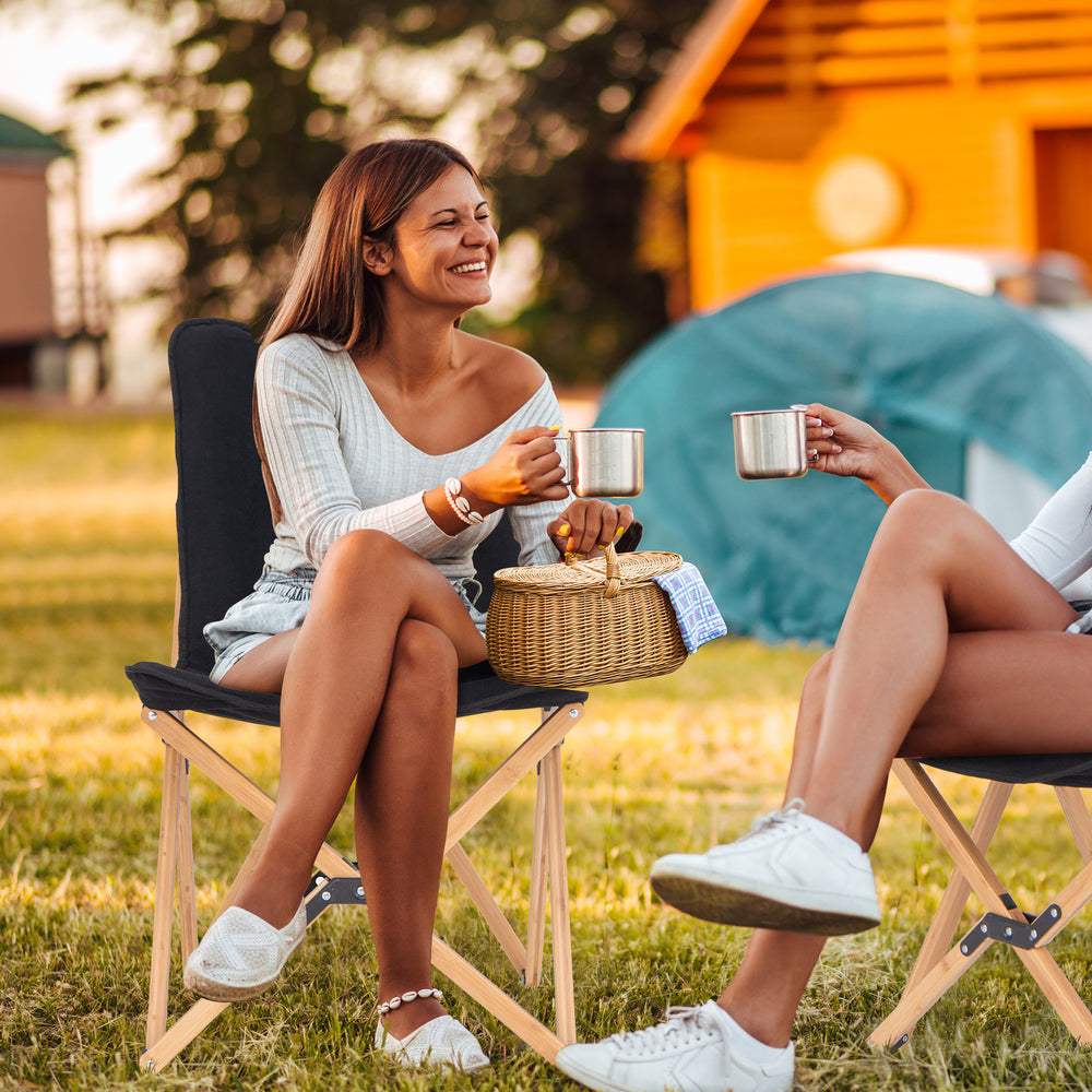 Black bamboo dorm chair set for camping, featuring a storage pocket and a breathable surface for comfort.