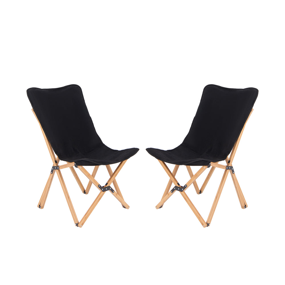 Set of 2 black bamboo folding chairs with storage pockets, ideal for camping and fishing, showcasing a stable design.