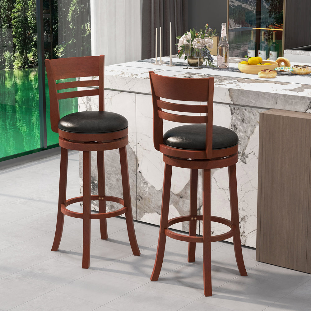Set of 2 brown bar stools with PU upholstered seats, featuring a 360° swivel design and solid rubber wood construction.
