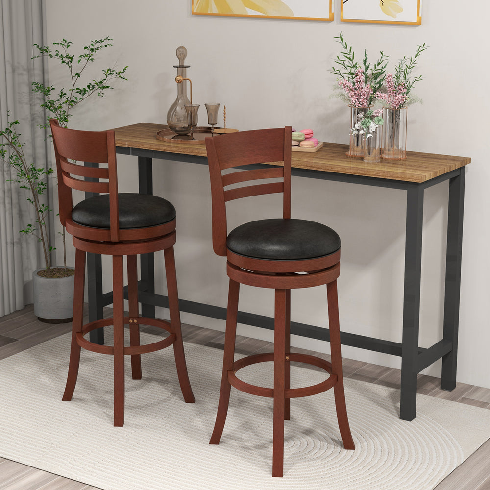 Brown bar stool set featuring a comfortable backrest, footrest, and retro style, perfect for home kitchen or cafe.