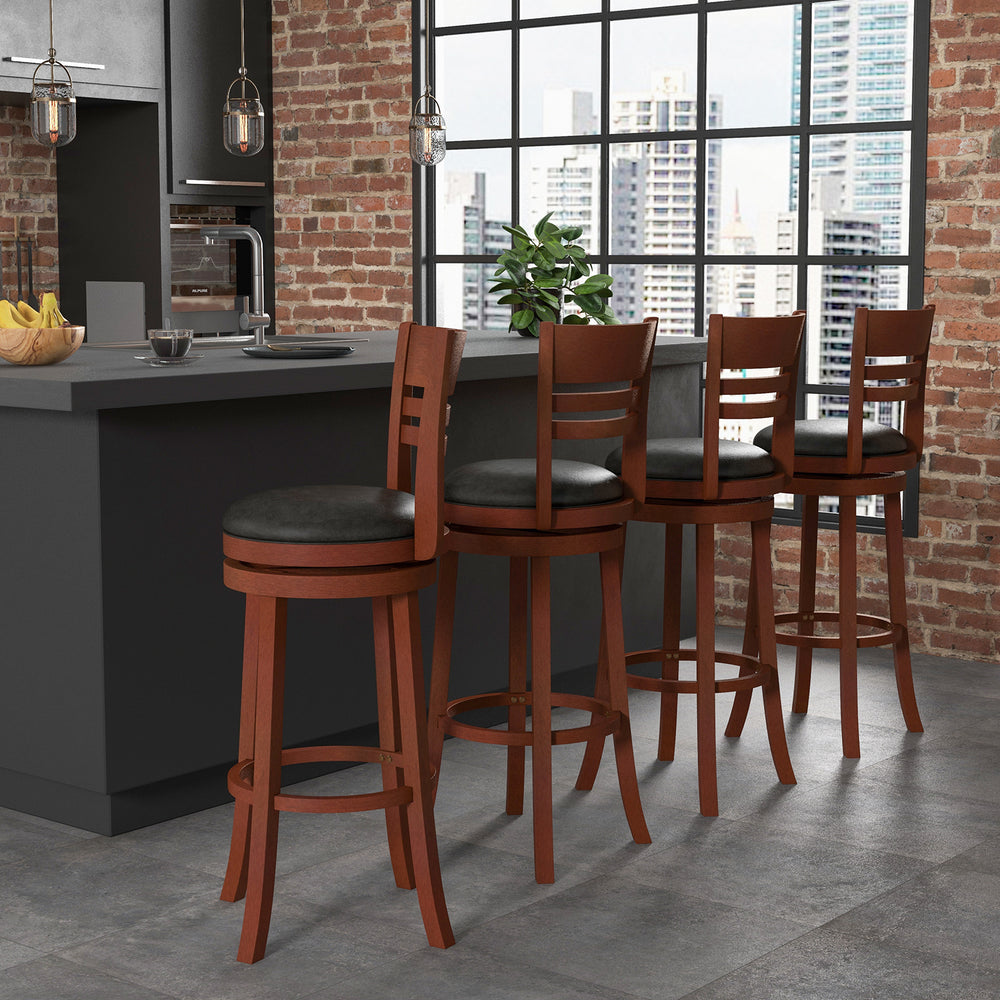 Set of 2 brown bar stools with PU upholstered seats, featuring a 360° swivel design, perfect for kitchen or cafe use.