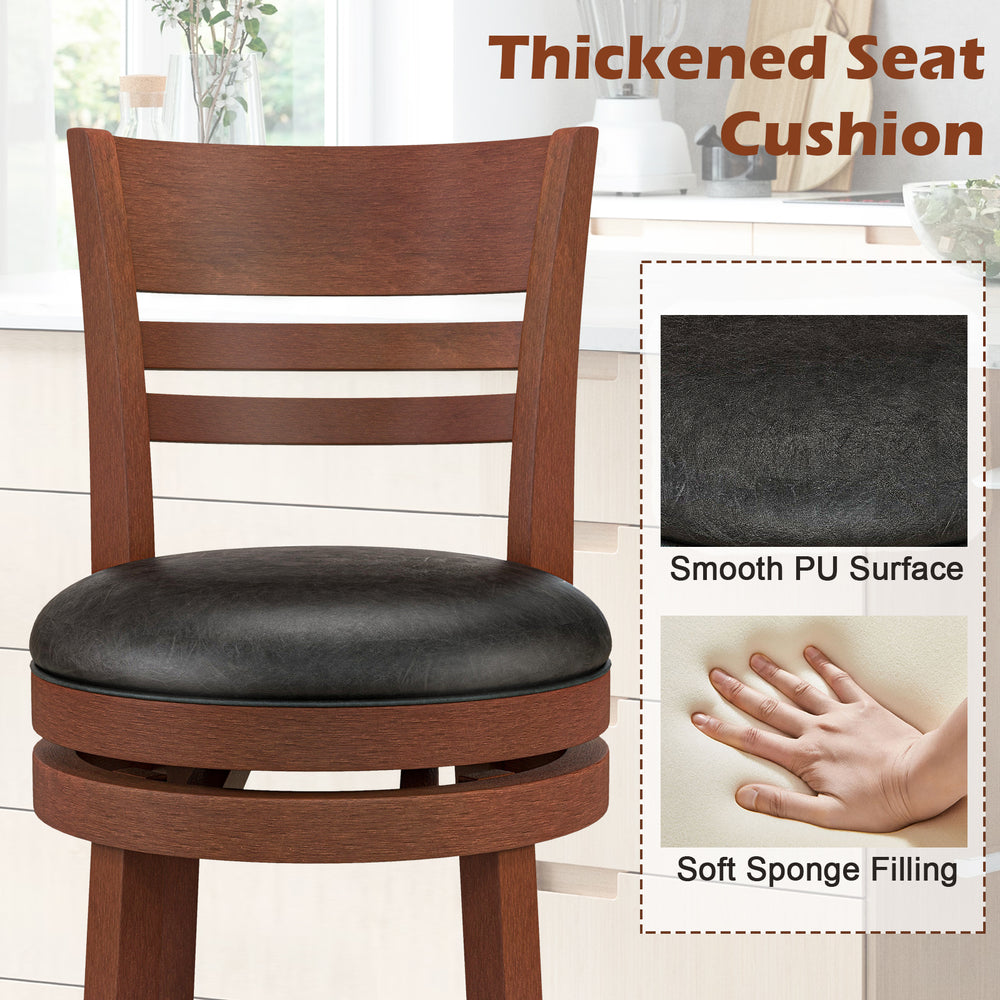 Brown bar stool with thickened PU upholstered seat, soft sponge filling, and solid rubber wood construction for kitchen.