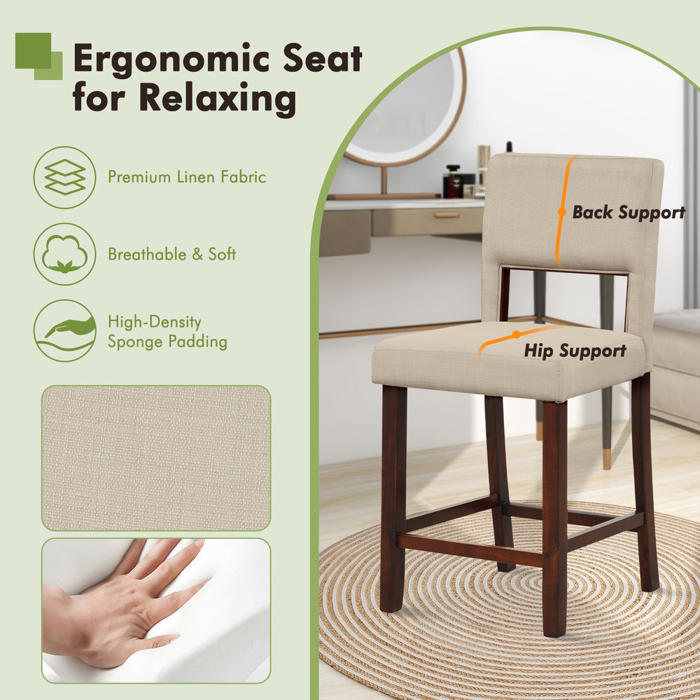 Beige bar chair with hollowed back and rubber wood legs, featuring ergonomic design for comfort and support.