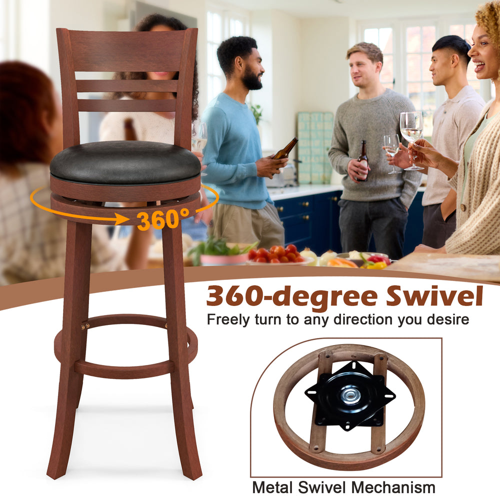 360-degree swivel bar stool with PU upholstered seat and solid rubber wood construction, ideal for kitchen or pub use.
