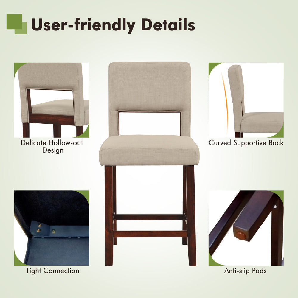 Beige bar chair set featuring a hollowed back, rubber wood legs, and anti-slip pads for stability and comfort.