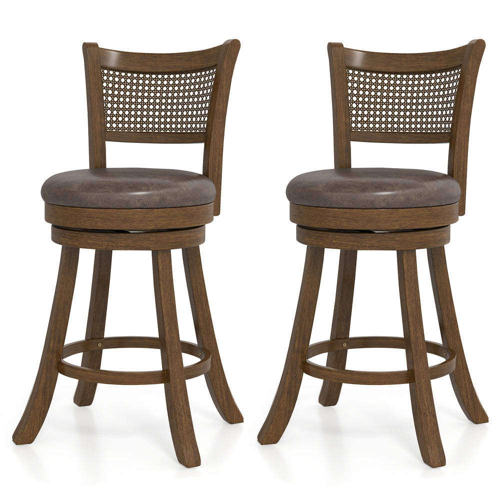 Set of 2 brown swivel bar stools with ergonomic backrest and rustic PE rattan design, ideal for counter height seating.