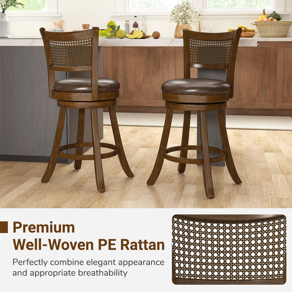 Set of 2 swivel bar stools with ergonomic backrest and rustic PE rattan design, perfect for counter height seating.