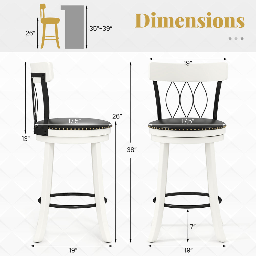 Dimensions of the Set of 2 Swivel Bar Stools with Rubber Wood Frame and Tufted Rivets, 26 inches high.