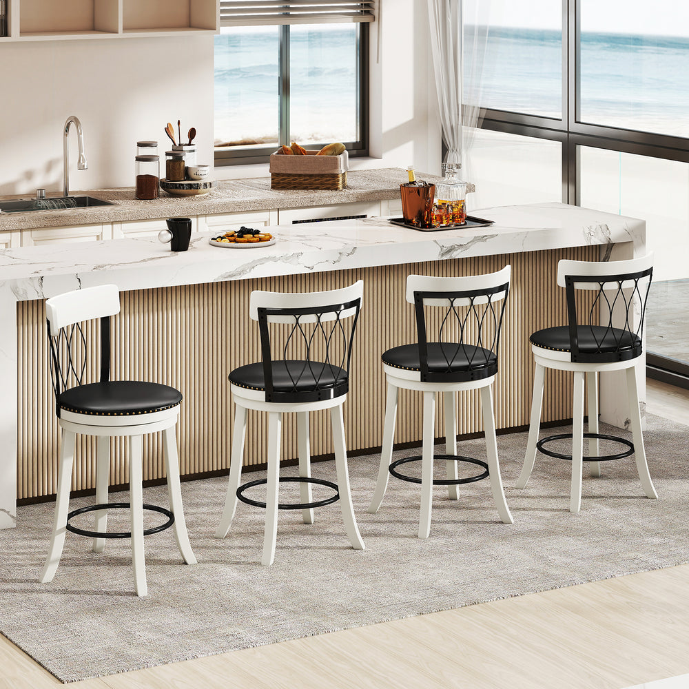Set of 2 swivel bar stools with rubber wood frame, tufted rivets, and padded seats for modern kitchen or bar areas.