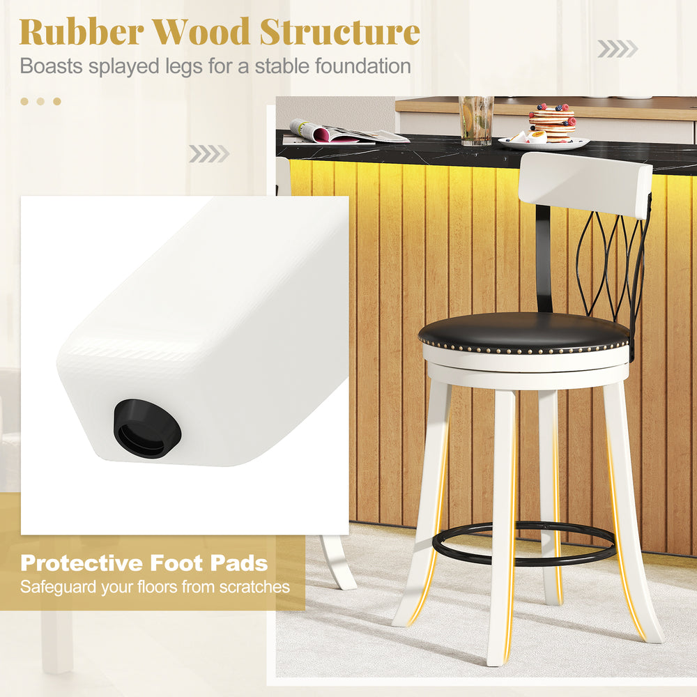 Close-up of rubber wood bar stool leg with protective foot pad, featuring a swivel seat and tufted rivets for modern.