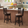 Set of 2 swivel bar stools with brown leathaire upholstery and rubber wood frame, perfect for kitchen or dining areas.