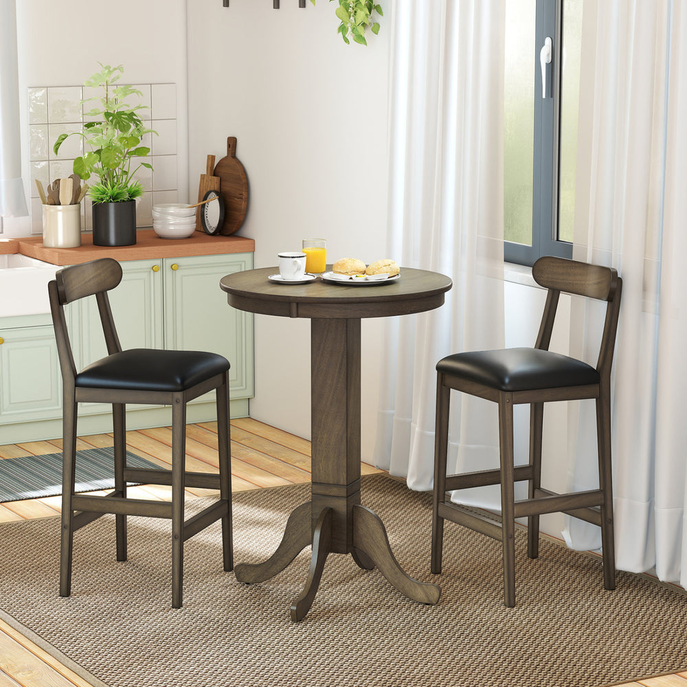 Set of 2 bar stools with rubber wood legs and footrests, upholstered in smooth faux leather, ideal for kitchen or cafe.