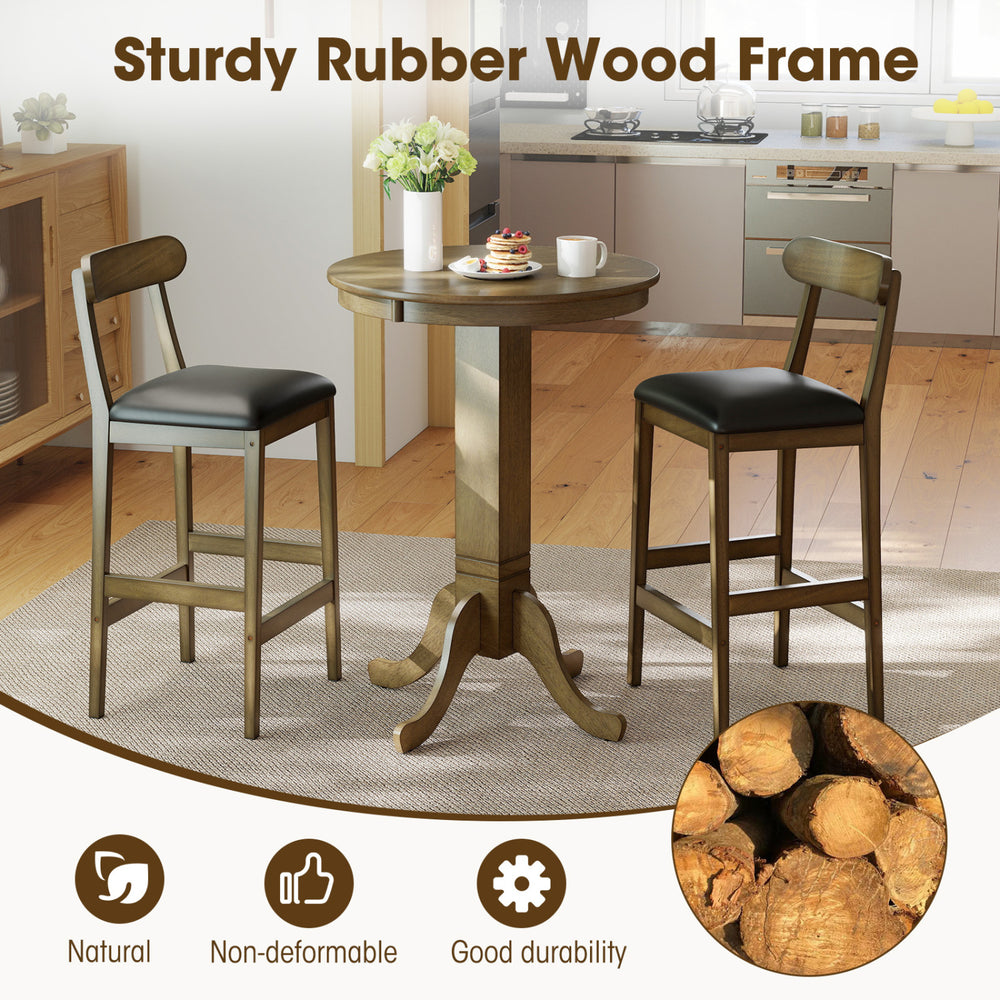 Set of 2 bar stools with rubber wood legs and padded seats, ideal for kitchen or dining room use.