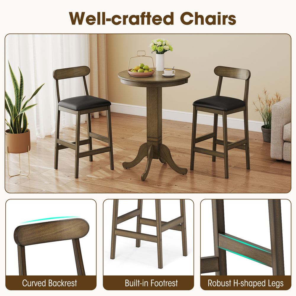 Set of 2 bar stools with curved backs, rubber wood legs, and padded seats, ideal for kitchen or dining room use.