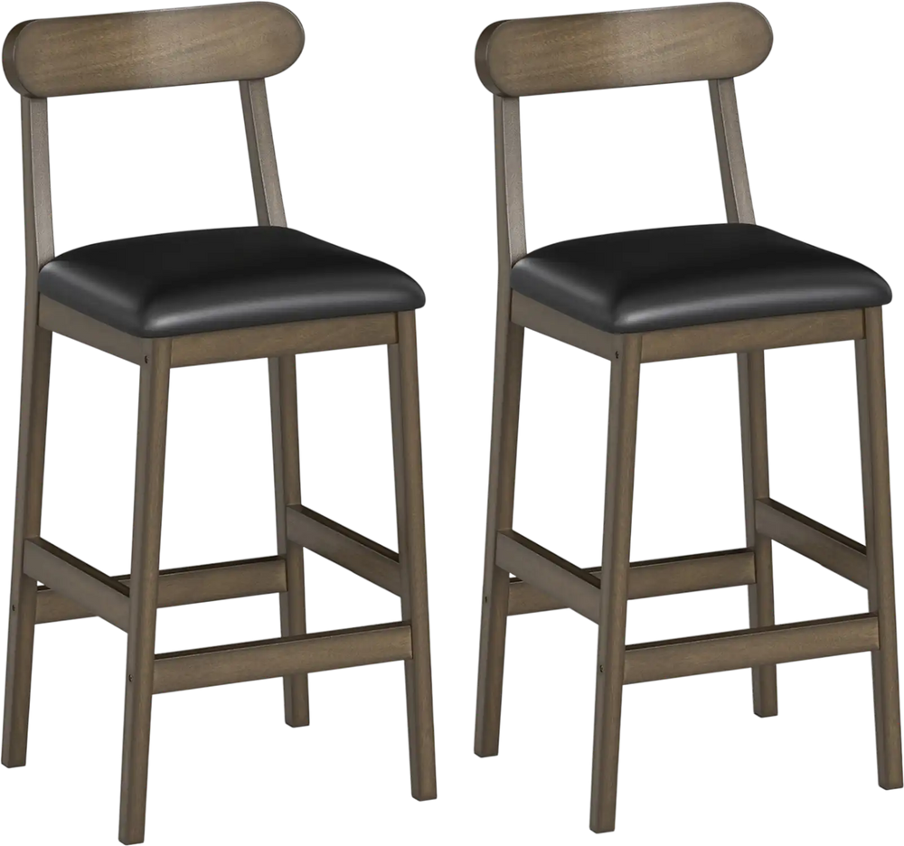 Set of 2 bar stools with rubber wood legs, padded seats, and curved backs, ideal for kitchen or dining room use.