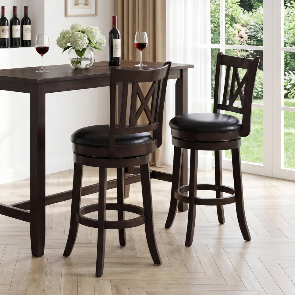 Set of 2 swivel bar stools with a hollowed backrest, thick padding, and rubber wood frame for kitchen or dining room use.