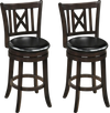 Set of 2 swivel bar stools with hollowed backrest, thick padding, and rubber wood frame for kitchen or dining room use.