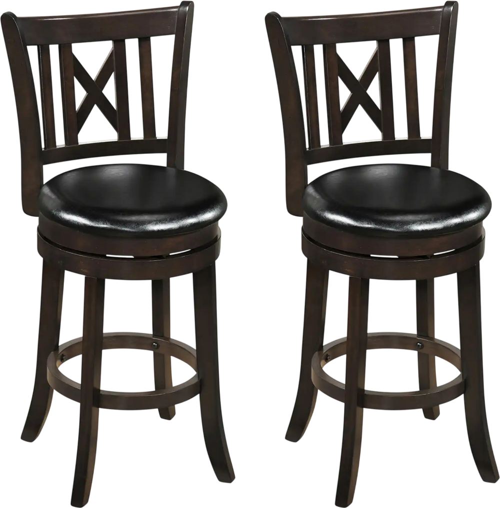 Set of 2 swivel bar stools with hollowed backrest, thick padding, and rubber wood frame for kitchen or dining room use.