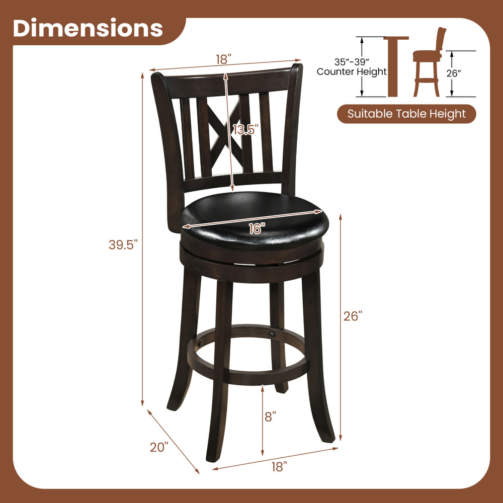 Swivel bar stool with hollowed backrest, 26-inch height, rubber wood frame, and ergonomic footrest for comfort.