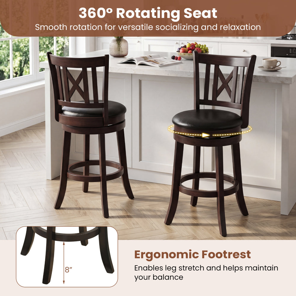 Set of 2 swivel bar stools with ergonomic footrest and hollowed backrest, perfect for kitchen or dining room seating.
