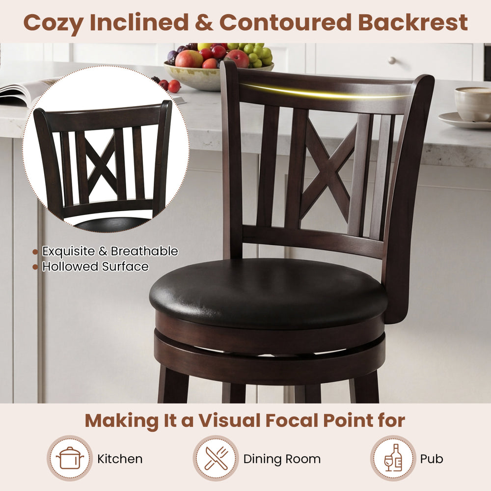 Swivel bar chair with a cozy hollowed backrest and rubber wood frame, perfect for kitchen or dining room use.