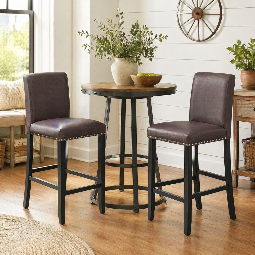 Set of 2 brown bar stools with backrest and rivet design, ideal for kitchen islands and dining areas.