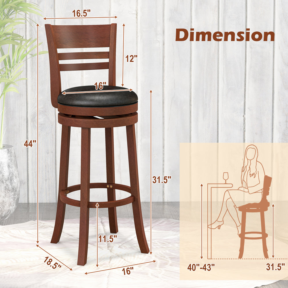 360° swivel bar stool with brown PU upholstered seat, solid rubber wood, ideal for kitchen or pub use. Dimensions.