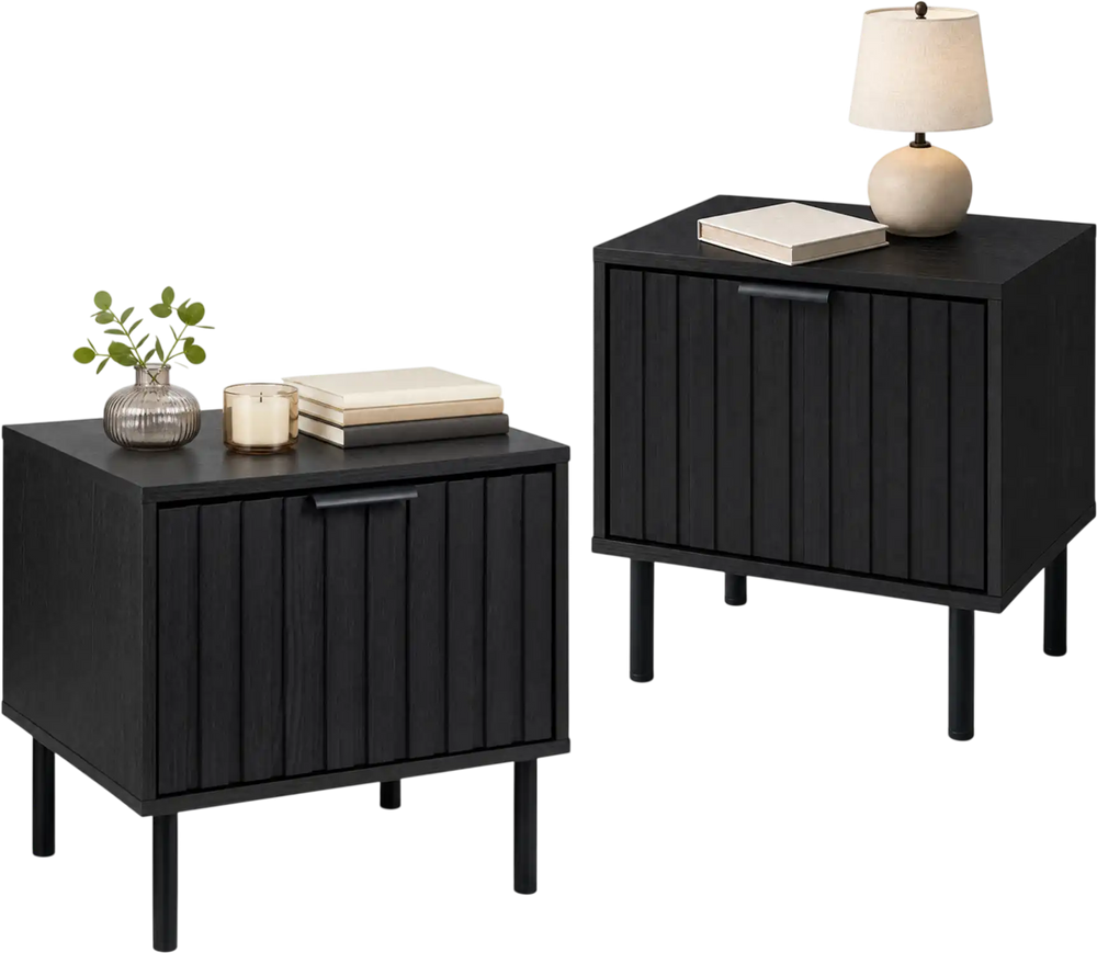 Black modern nightstand set featuring vertical-striped storage drawers and a compact design for space-saving bedside use.